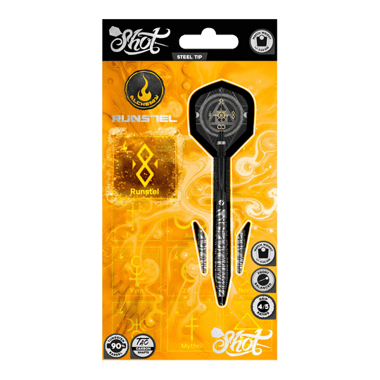 Freccette in acciaio Shot Alchemy Runstel Das Bild zeigt die Shot Alchemy Runstel Steeldarts. Dieses Produkt sind hochwertige Steeldarts für Dartspieler.