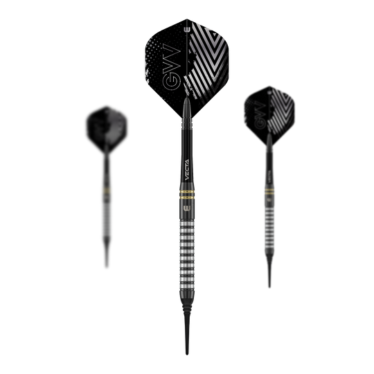 Winmau Gian Van Veen TS freccette morbide - 18g Das Foto zeigt ein Set der Winmau Gian Van Veen TS Softdarts 18g. Alle Darts liegen nebeneinander auf einer ebenen Fläche.