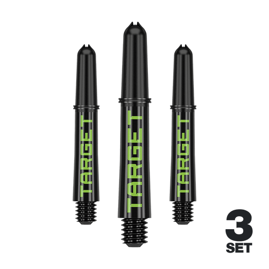 Aste Target Pro Grip TAG - 3 set - Nero Verde Drei Dart-Schäfte in schwarzer Optik mit farbigem Akzent sind dargestellt. Die glatte Oberfläche ist deutlich erkennbar.