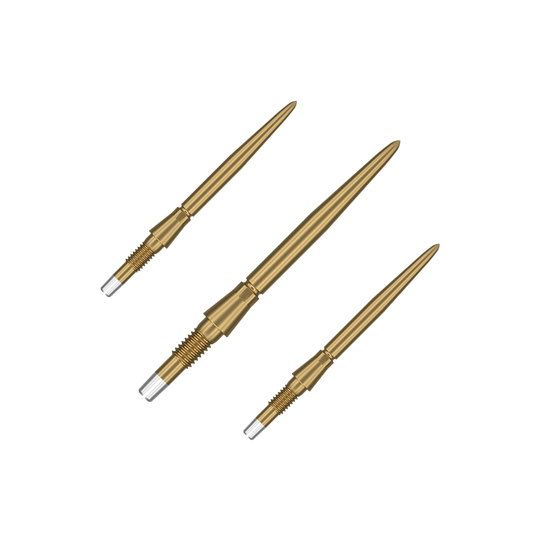 Punte per freccette Target Swiss Storm Point - Oro Das Bild zeigt drei goldene Dartspitzen, die nebeneinander angeordnet sind. Sie haben ein schlankes, spitzes Design mit einem silbernen Schraubgewinde am Ende.