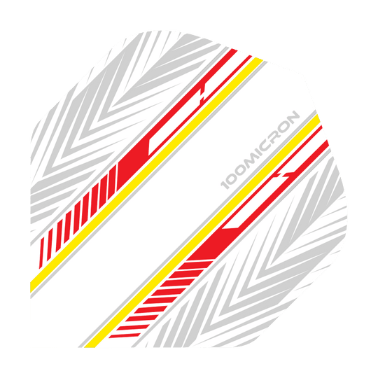 Voli Pentathlon bianchi/rossi/gialli Das Bild zeigt ein Dartflight in Weiß mit roten und gelben Streifen sowie grauen Mustern. Auf dem Flight steht der Text "100 MICRON".