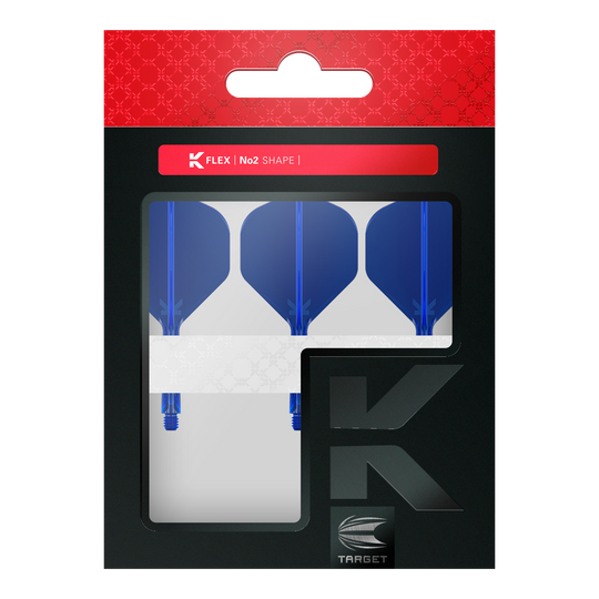 Target K-Flex No2 Standard Flight System - Blu Die Verpackung enthält drei blaue Dart-Flights im No2-Standard-Format von der Marke Target. Im oberen Bereich steht "K Flex | No2 Shape" auf einem roten Streifen.