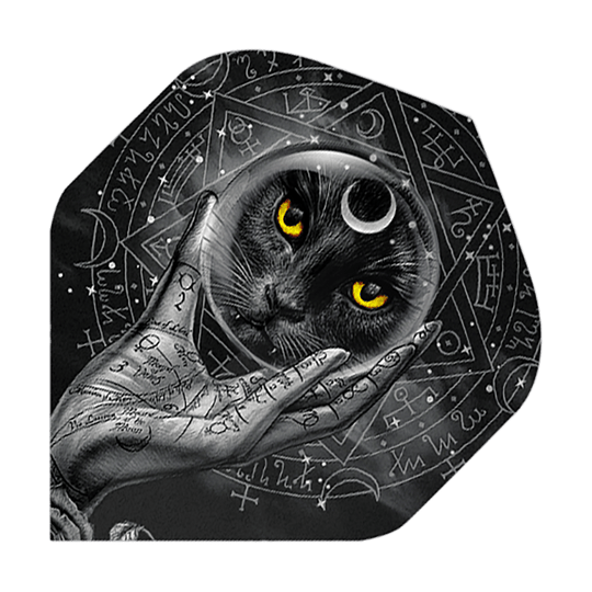 Das Bild zeigt eine schwarze Katze mit leuchtend gelben Augen in einer Glaskugel, die von einer mit Symbolen verzierten Hand gehalten wird. Im Hintergrund sind mystische Zeichen und Symbole zu sehen.