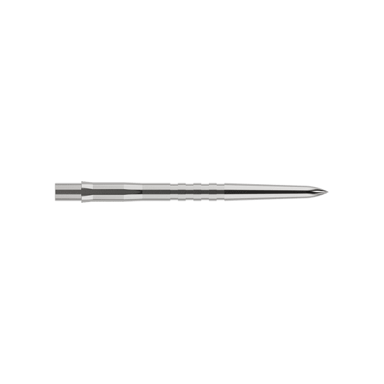 Punte per freccette Mission Caliburn EVO - Scanalate - Argento Auf dem Bild ist eine silberne, gerillte Steeldartspitze zu sehen. Sie ist schmal, lang und misst 32 mm in der Länge.
