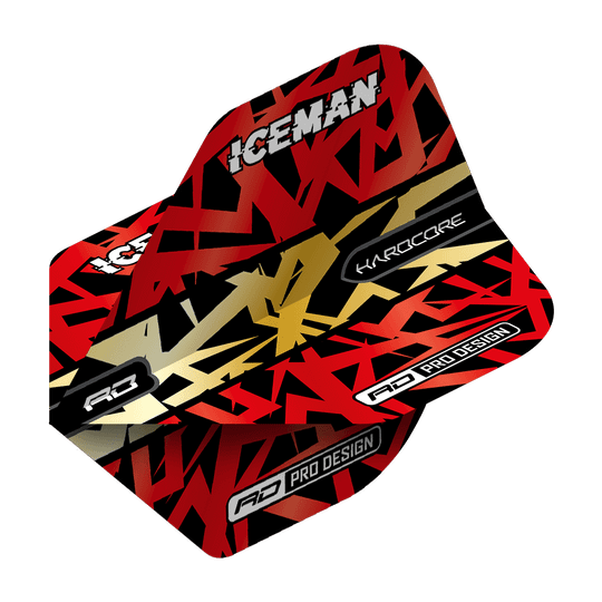 TF6871_Red_Dragon_Hardcore_Gerwyn_Price_Red_Gold_Premium_Standard_Flights_2 Das Bild zeigt eine Dart-Flugfeder mit einem auffälligen roten, goldenen und schwarzen Design. Auf der Feder stehen die Wörter "ICEMAN", "HARDCORE" und "RD PRO DESIGN".