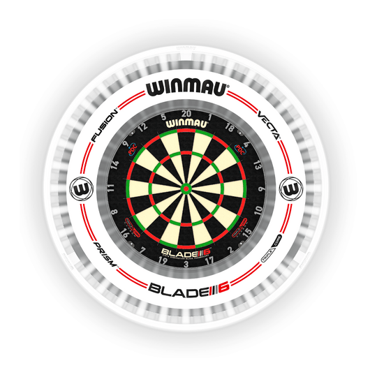 Luce LED per freccette al plasma Winmau Plasma Ice Das Bild zeigt das Produkt "Winmau Plasma Ice LED Dartboard Light" um ein Dartboard. Es sorgt für eine helle und gleichmäßige Ausleuchtung der Dartscheibe.