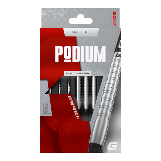 Freccette morbide GOAT Podium Silver - 18 g Das Foto zeigt die GOAT Podium Silver Softdarts mit 18g Gewicht. Diese silbernen Softdarts eignen sich ideal für Dartspieler.