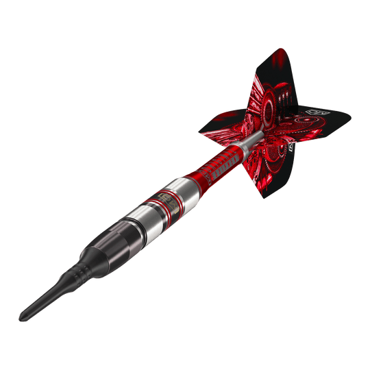 Das Bild zeigt den DW Piranha Razor 02 Softdart. Der Dart hat ein modernes Design mit roten und silbernen Akzenten.