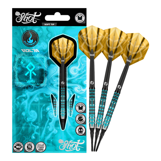 Freccette morbide Shot Alchemy Volta - 20 g Auf dem Bild sind die Shot Alchemy Volta Softdarts - 20g zu sehen. Die Softdarts sind vollständig abgebildet.