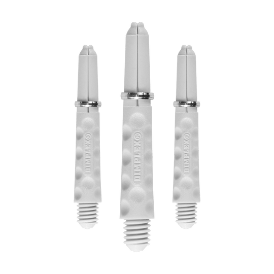 HR323_Harrows_Dimplex_Shafts_Weiss_34mm_1fjQ8vyep6F2cR Das Bild zeigt drei weiße Dartschäfte mit einer strukturierten Oberfläche. Auf jedem Schaft steht das Wort "DIMPLEX" eingeprägt.