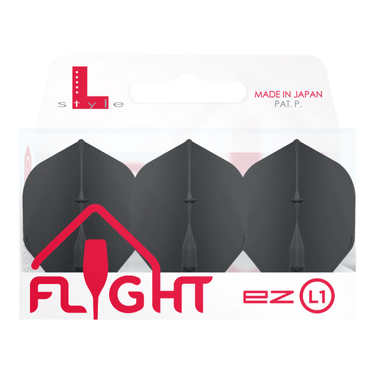 Voli standard L-Style Champagne L1EZ Die Abbildung zeigt eine Packung mit L-Style Champagne L1EZ Standard Flights. In der Verpackung befinden sich drei schwarze Dartflights.