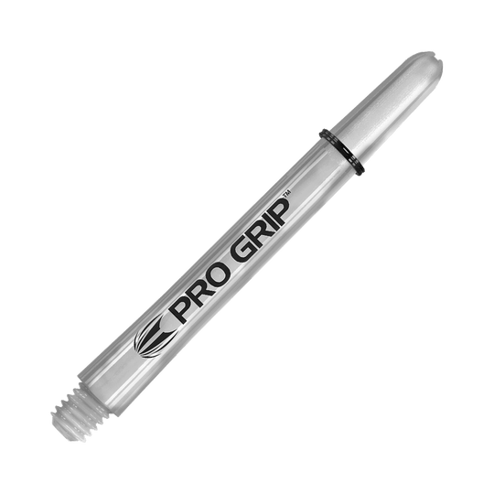 Target Pro Grip Shafts - 3 set - Trasparente Das Bild zeigt einen transparenten "Pro Grip" Schafts für Darts. Der Schaft ist 48 mm lang und hat ein einfaches, klares Design.