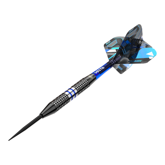 Dardi d'acciaio Winmau Galactics Das Bild zeigt einen Winmau Galactics Steeldart mit einem modernen Design. Der Dart hat blaue und silberne Akzente sowie ein auffälliges Flight-Muster.