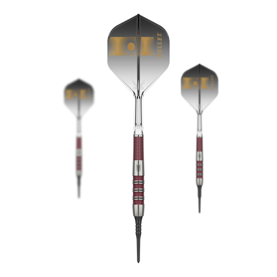 Freccette morbide Target Stephen Bunting 95K - 19 g Auf dem Bild sind drei Softdarts des Modells „Target Stephen Bunting 95K“ mit einem Gewicht von 19g zu sehen. Die Darts haben schwarze Flights mit goldener Aufschrift und silber-rote Griffe.