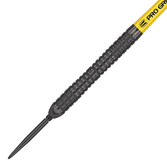 Freccette in acciaio Target Bolide Void 04 Swiss Point Das Bild zeigt einen Target Bolide Void 04 Swiss Point Steeldart. Der Dart hat ein schwarzes, geriffeltes Barrel und einen gelben Schaft mit der Aufschrift "PRO GRIP".