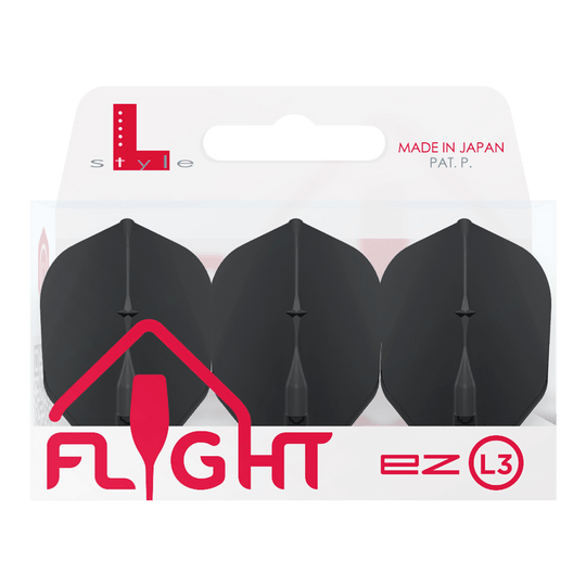 Voli L-L-Style3EZ Auf dem Bild ist eine Packung mit drei schwarzen Dartflights der Marke L-Style zu sehen. Die Verpackung trägt die Aufschrift „MADE IN JAPAN“ und „FLIGHT ez L3“.