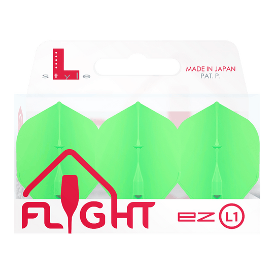 Voli standard L-Style Champagne L1EZ Das Bild zeigt eine Packung der "L-Style Champagne L1EZ Standard Flights" in grün. Die Verpackung ist weiß und hebt hervor, dass das Produkt in Japan hergestellt wurde.