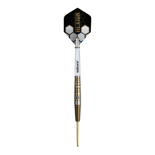 Freccette in acciaio Unicorn Hexium Style 03 oro e nere Unicorn Hexium Style 03 Gold & Black Steeldarts werden in dieser Abbildung dargestellt. Die besondere Gold-Schwarz-Optik hebt die Darts hervor.