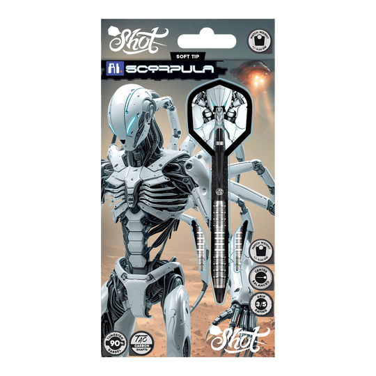 Shot AI Scorpula Soft Darts - 20 g Das Bild zeigt die Shot AI Scorpula Softdarts mit einem Gewicht von 20g. Die Darts sind detailliert und für das Softdart-Spiel konzipiert.