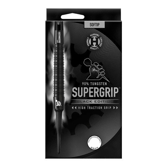 Freccette morbide Harrows Supergrip Black Edition Das Bild zeigt die Verpackung der "Harrows Supergrip Black-Edition Softdarts". Die Darts bestehen zu 90 % aus Tungsten und haben eine hohe Griffigkeit.