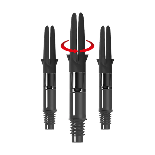 L-L-Style-Shaft Carbon Silent Straight - Nero Das Bild zeigt drei schwarze Carbon-Schaftsätze für Dartpfeile ohne Kappen. Über dem mittleren Schaft ist ein roter Pfeil, der eine Drehbewegung anzeigt.