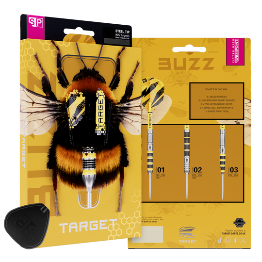 Freccette in acciaio Target Buzz 02 Swiss Points Abgebildet sind die Target Buzz 02 Swiss Points Steeldarts. Die Darts liegen ordentlich angeordnet auf hellem Hintergrund.