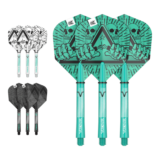Kit albero di volo Target Ink Rob Cross Das Bild zeigt drei Sätze von Dartflights und -schäften in unterschiedlichen Farben und Designs. Die größten Flights haben ein auffälliges grünes Motiv mit einem Totenkopf und einer Hand.
