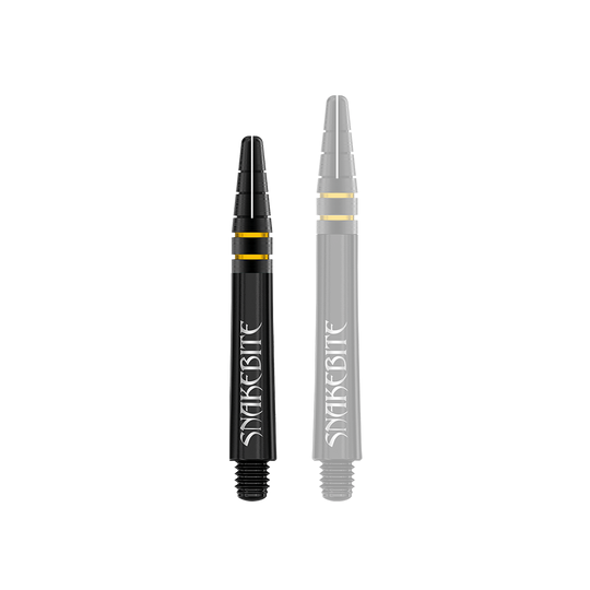 C722_Red_Dragon_Nitrotech_Peter_Wright_Black_Gold_Shafts_36mm_1phoCzEEoHztjW Auf dem Bild sind zwei schwarze Dart-Schäfte mit goldenen Ringen zu sehen. Auf den Schäften steht das Wort "Snakebite" in weißer Schrift.