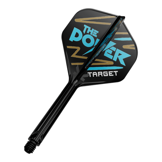 Sistema di alberi di volo standard Target K-Flex Phil Taylor No2 Auf dem Bild ist ein Dartpfeil mit schwarzer Flight zu sehen. Auf der Flight steht in blauer und weißer Schrift "The Power" und "Target" mit goldenen Zierstreifen.