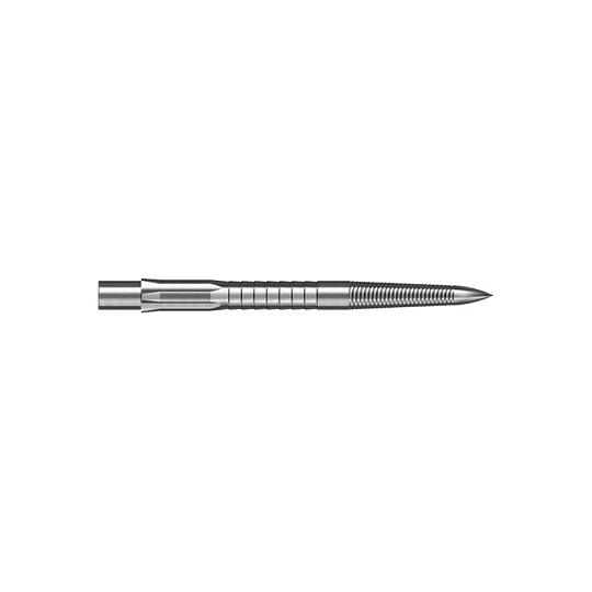 Punte per freccette in acciaio Caliburn System - Micro Grip - Argento Das Bild zeigt eine silberne Steeldartspitze mit feinem Mikrorillen-Grip. Die Spitze ist gerade und hat eine Länge von 28 mm.