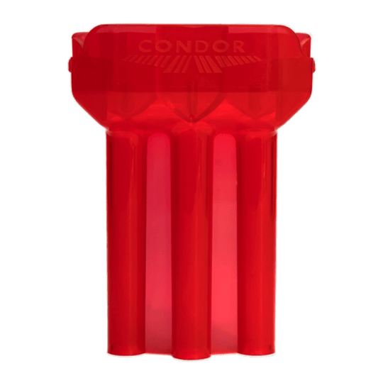 Custodia per freccette Condor DUAL Das Bild zeigt ein rotes, durchsichtiges Dart-Etui der Marke Condor. Das Etui hat drei längliche Fächer für Dartpfeile.