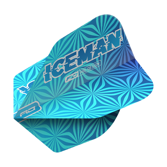 Voli Red Dragon Gerwyn Price Iceman Blue No6 Das Bild zeigt ein blaues Dart-Flight mit geometrischem Muster und der Aufschrift "ICEMAN". Es handelt sich um das Produkt "Red Dragon Gerwyn Price Iceman Blue No6 Flights".