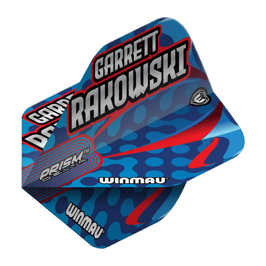 Voli standard Winmau Prism Delta Garrett Rakowski Auf dem Bild ist ein Winmau Prism Delta Garrett Rakowski Standard Flight zu sehen. Das Design ist blau mit roten und hellblauen Akzenten und trägt den Namen "Garrett Rakowski".