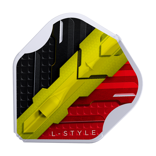 Alette L-Style V-Series V1 Tipo C Belgio Bianco Trasparente L1EZ Dies ist ein Dartflight mit den Farben Schwarz, Gelb und Rot im Design der belgischen Flagge. Am unteren Rand steht in Weiß der Schriftzug "L-STYLE".