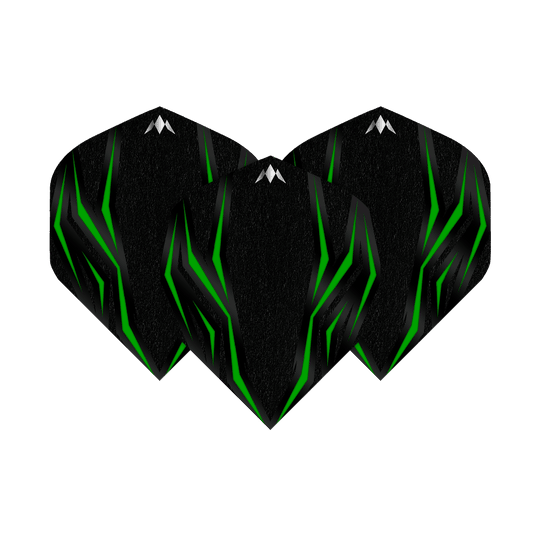 Voli standard Mission Lava Green No2 Das Bild zeigt die Mission Lava Green No2 Standard Flights. Die Flights sind schwarz mit grünen, leuchtenden Linien und einem kleinen weißen Logo oben.