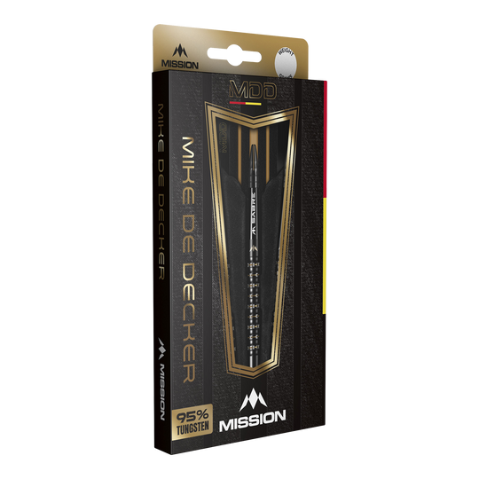 Freccette morbide Mission Mike De Decker MDD Black Gold - 20 g Die Abbildung zeigt die Verpackung der "Mission Mike De Decker MDD Black Gold Softdarts - 20g". Die elegante Box hebt das Design der Darts sowie den hohen Tungsten-Anteil von 95 % hervor.