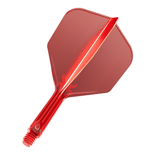 Sistema di volo Target K-Flex No6 - Rosso Das Bild zeigt einen roten Dartflug mit integriertem Schaft. Der Dartflug hat eine glänzende Oberfläche und ist aus Kunststoff gefertigt.