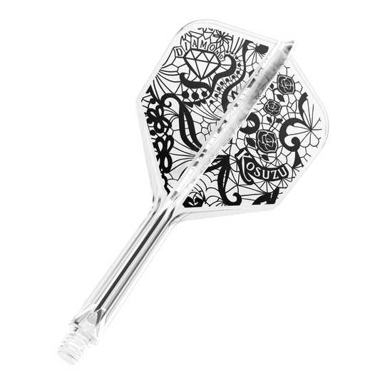 Sistema di alberi di volo Target Japan K-Flex Diamond No6 Dies ist ein transparenter Dartpfeil mit schwarzem, detailreichem Design auf der Flight-Fläche. Auf dem Flight sind unter anderem ein Diamant, Rosen und Schriftzüge zu sehen.