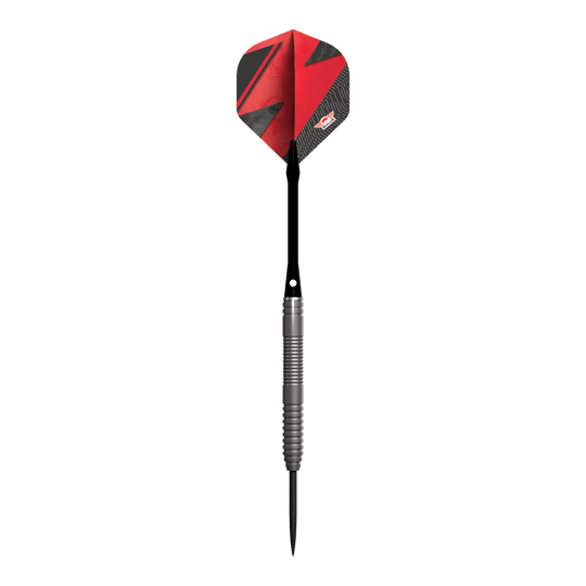 Bulls NL Lightning Freccette in acciaio rosse Das Bild zeigt einen Steeldart-Pfeil mit einem silbernen Griff und einer roten Flights. Der Pfeil trägt das Design und Logo der Marke Bulls NL Lightning Red.
