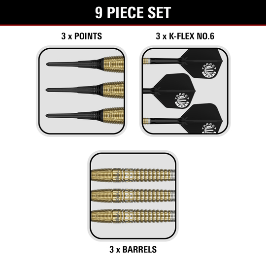 Dieses Bild präsentiert die Target Japan Prime Series Harith Lim HotShot GEN3 Softdarts - 18g. Die Pfeile sind speziell für ambitionierte Spieler entwickelt.
