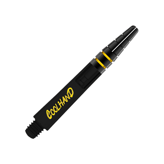 Aste Red Dragon Nitrotech Luke Humphries Coolhand - Nere Das Bild zeigt einen schwarzen Dart-Schaft mit gelben Akzenten. Auf dem Schaft steht das Wort "COOLHAND" in gelber Schrift.