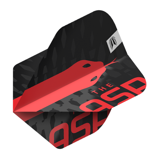 Target Pro Ultra Nathan Aspinall No2 Alette standard - 3 set Das Bild zeigt ein Dart-Flight mit einem schwarzen und roten Design sowie der Aufschrift „THE ASP“. Auf dem Flight ist eine stilisierte rote Schlange abgebildet.