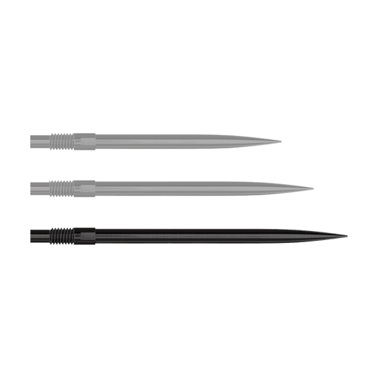 Punte per freccette Harrows Quick Point - Nere Auf diesem Bild sind 40 mm lange, schwarze Dartspitzen dargestellt. Die Spitzen werden nebeneinander angeordnet gezeigt.