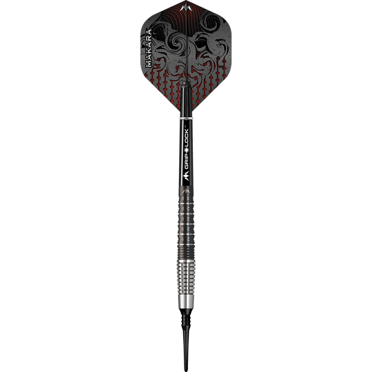 Freccette morbide Mission Makara M2 - 20 g Das Bild zeigt einen Mission Makara M2 Softdart mit einem Gewicht von 20g. Der Dart hat ein auffälliges Flight-Design in Schwarz und Rot sowie eine geriffelte silber-schwarze Griffzone.