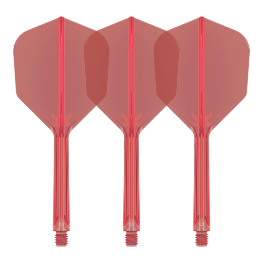 Sistema di volo Target K-Flex No6 - Rosso Auf dem Bild sind drei rote Dart-Flights mit integrierten Schäften zu sehen. Sie stehen nebeneinander und sind identisch gestaltet.