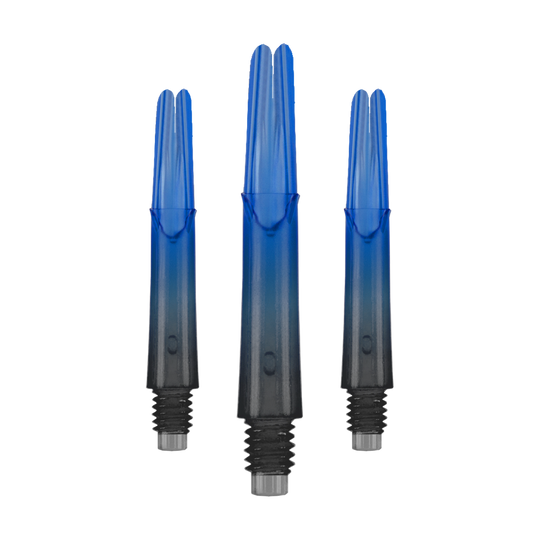 L-L-Style-Shaft Bloccato Dritto Natural9 TwoTone Shafts - Blu Das Bild zeigt drei gerade Dartschäfte mit einem Farbverlauf von Schwarz zu Blau. Sie haben Gewinde am unteren Ende und sind ohne Kappen abgebildet.