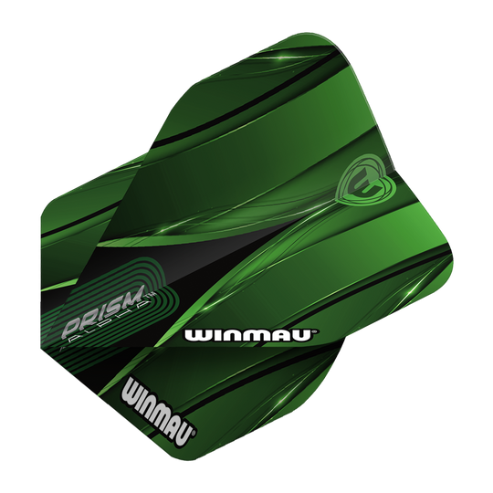 Das Bild zeigt das Produkt "Winmau Alpha Sniper Green Standard Flights". Die Dart-Flights sind grün mit schwarzen und weißen Akzenten gestaltet und tragen den Schriftzug "WINMAU".