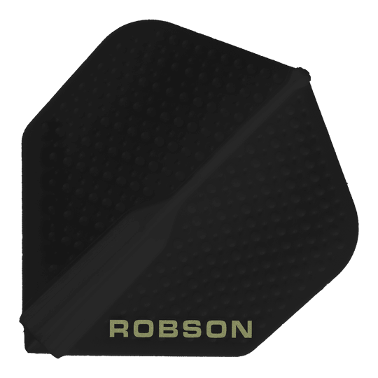 Voli Robson Plus Dimple - Nero Dieses Bild zeigt ein schwarzes Dart-Flight mit dem Namen "Robson Plus Dimple Flights - Schwarz". Auf dem Flight steht am unteren Rand das Wort "ROBSON" in hellen Buchstaben.