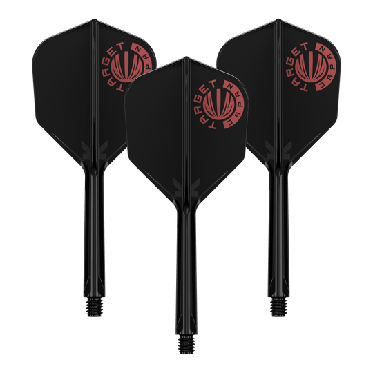 Target Japan K-Flex Logo originale Rosso Nero No6 Flight Shaft System Auf dem Bild sind drei schwarze Dartflights mit integriertem Schaft zu sehen. Oben links auf jedem Flight befindet sich ein rotes Logo mit der Aufschrift "TARGET JAPAN".