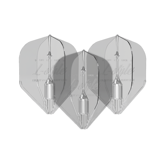 Alette Fantom L1EZ stile L trasparenti Das Bild zeigt drei transparente Dartflights des Modells "L-Style Fantom L1EZ Flights Clear". Die Flights sind klar und haben eine klassische Pfeilform.